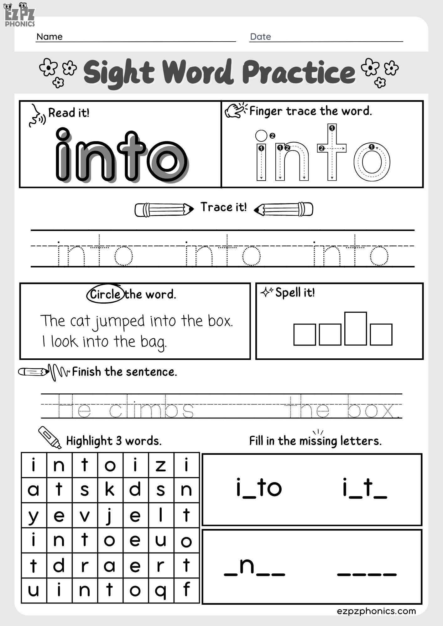 Dolch Kindergarten Sight Word "Into" – Engaging Activities PDF Download
